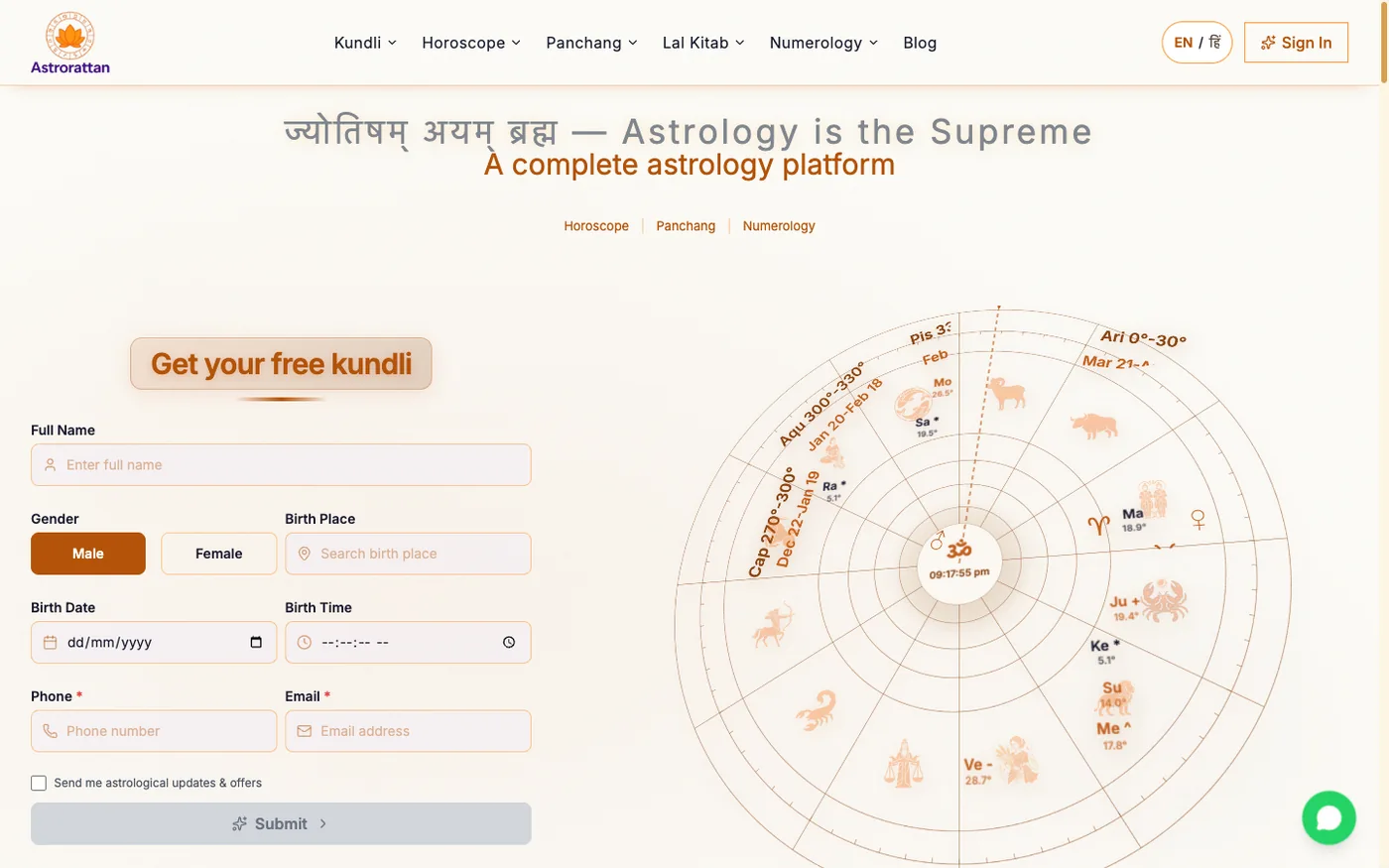 astrorattan.com homepage with free kundli form and a rendered chart wheel