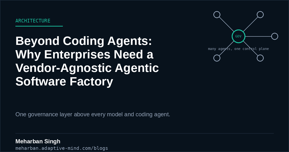 A hub-and-spoke diagram: several coding agents from different vendors connected through one governance hub.