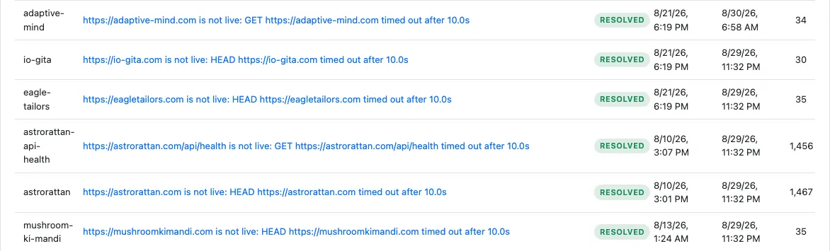 Pehredaar issue register rows: site not live incidents with first seen, last seen, count and resolved status