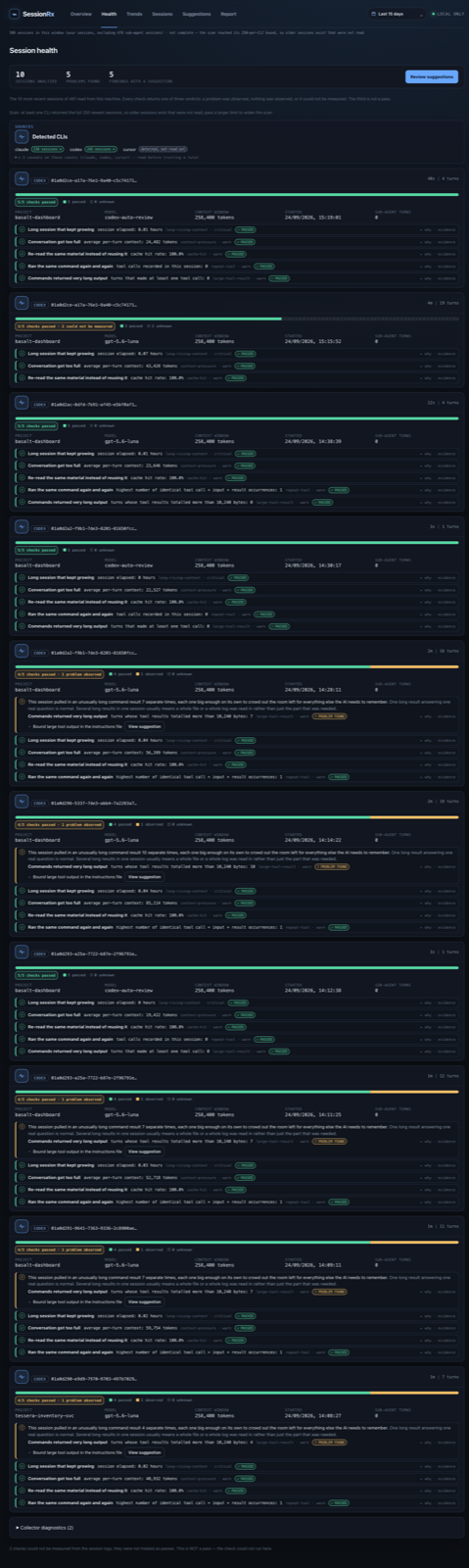 Real SessionRx health screen showing problem, passed, and checks that could not be measured
